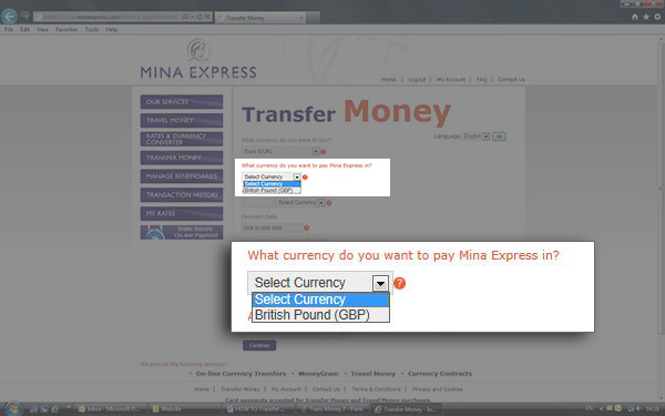 Select the CURRENCY you wish to PAY Mina Express in